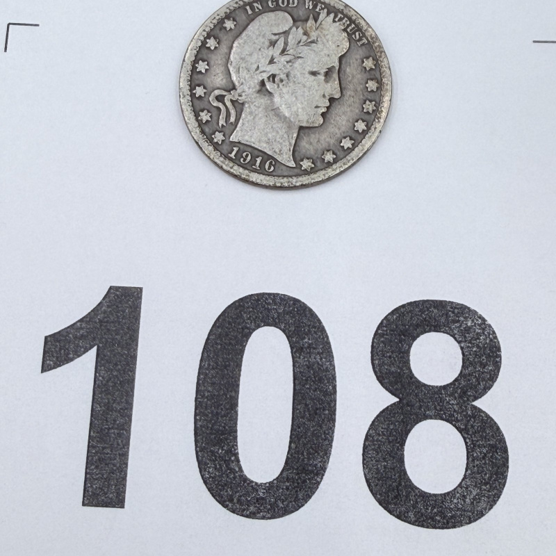 Lot 108: 1916 Barber Quarter Dollar Silver Coin