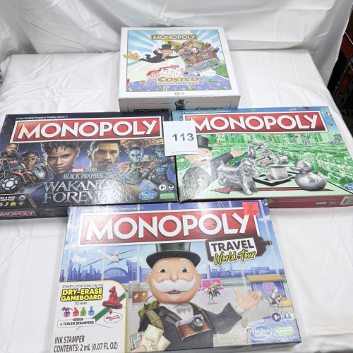 Lot 113: Monopoly Board Games Lot of 4 - Black Panther, Travel World Tour, Costco, Classic
