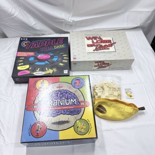 Lot 114: Board Game Lot: Tapple After Dark, Win Lose or Draw, Cranium, Bananagrams