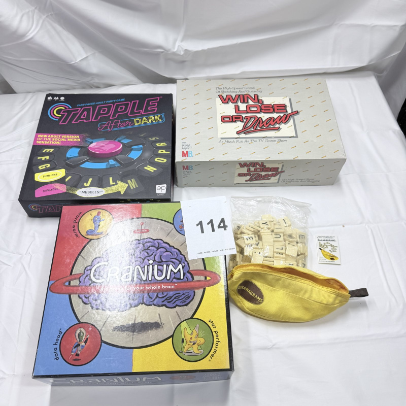 Lot 114: Board Game Lot: Tapple After Dark, Win Lose or Draw, Cranium, Bananagrams