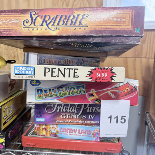 Lot 115: Assorted Board Games - Scrabble, Pente, Ball Shoot, Trivial Pursuit, Candy Land