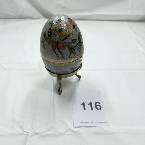 Lot 116: Decorative Metal Egg-Shaped Trinket Box with Floral Design and Brass Stand