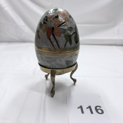 Lot 116: Decorative Metal Egg-Shaped Trinket Box with Floral Design and Brass Stand