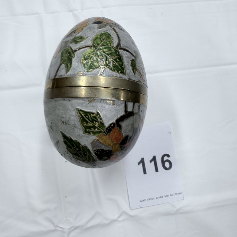 Lot 116: Decorative Metal Egg-Shaped Trinket Box with Floral Design and Brass Stand