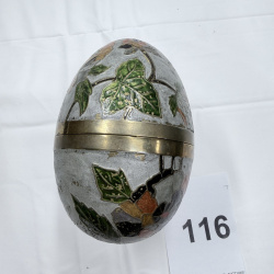 Lot 116: Decorative Metal Egg-Shaped Trinket Box with Floral Design and Brass Stand