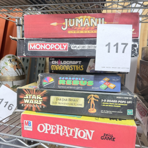 Lot 117: Stack of Vintage Board Games: Jumanji, Monopoly, Star Wars, Operation, Scrabble Rebus