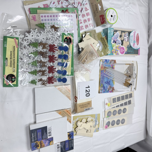 Lot 120: Mixed Craft Supplies Lot - Glitter Stickers, Ribbons, Embellishments, Adhesive Gems