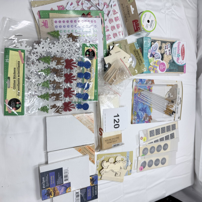 Lot 120: Mixed Craft Supplies Lot - Glitter Stickers, Ribbons, Embellishments, Adhesive Gems
