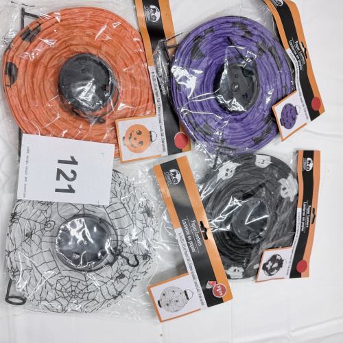 Lot 121: Halloween Paper Lantern Decorations Set - Orange, Purple, Black, Spider Web Designs