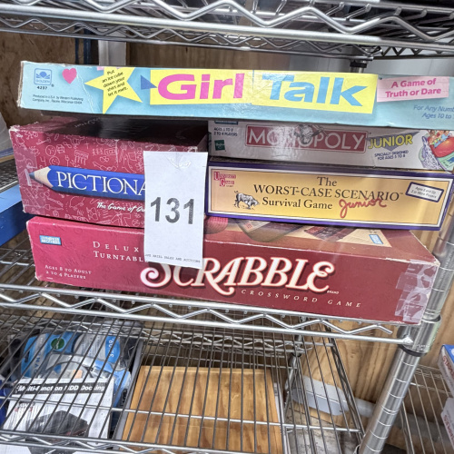 Lot 131: Board Games Lot: Scrabble, Pictionary, Monopoly Junior, Girl Talk, Worst-Case Scenario