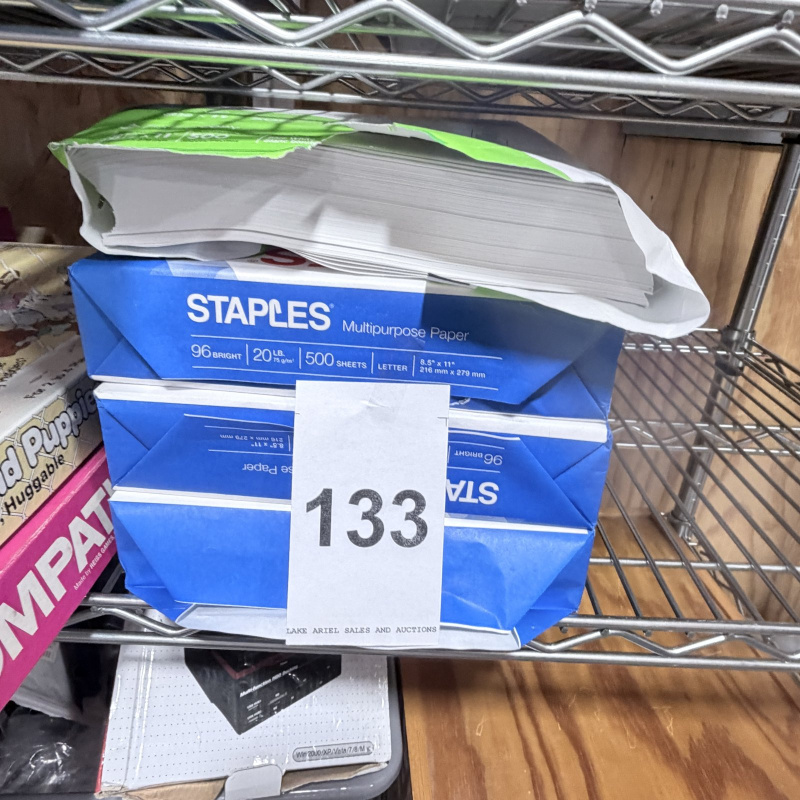 Lot 133: Staples Multipurpose Paper 96 Bright 20lb 500 Sheets Letter Size & Assorted Paper