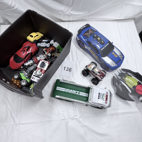 Lot 136: Assorted Toy Cars and Vehicles - Hot Wheels, Monster Trucks, Race Cars with Storage Box