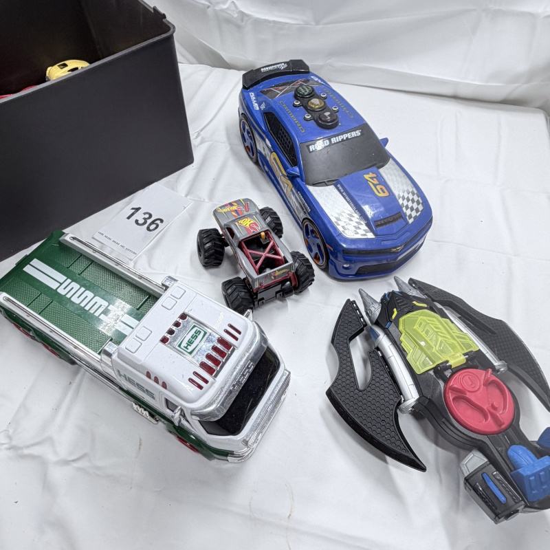 Lot 136: Assorted Toy Cars and Vehicles - Hot Wheels, Monster Trucks, Race Cars with Storage Box