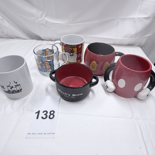 Lot 138: Lot of 6 Collectible Mugs - Disney, Looney Tunes, Witch's Brew Salem, Godfather