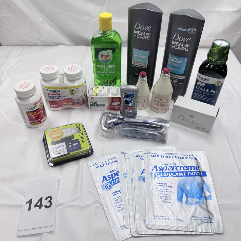 Lot 143: Mixed Lot Personal Care & Health Items - Dove, Old Spice, Equate, Aspercreme
