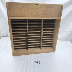 Lot 145: Coca-Cola Wooden Cassette Tape Storage Organizer Display Rack with Logo