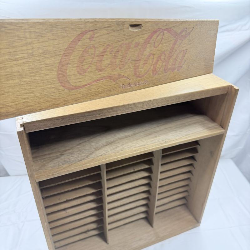 Lot 145: Coca-Cola Wooden Cassette Tape Storage Organizer Display Rack with Logo