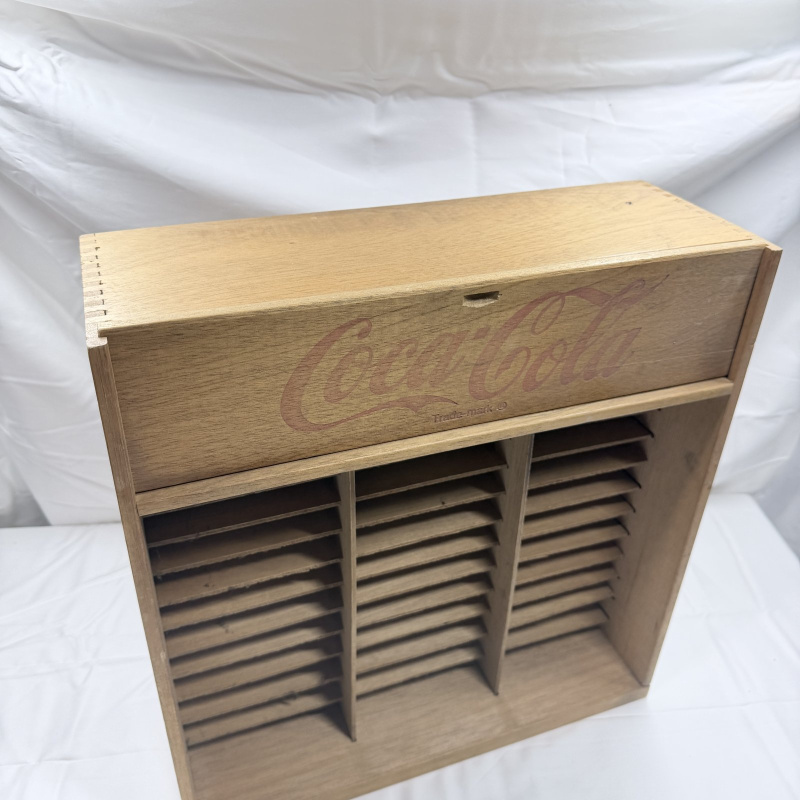 Lot 145: Coca-Cola Wooden Cassette Tape Storage Organizer Display Rack with Logo