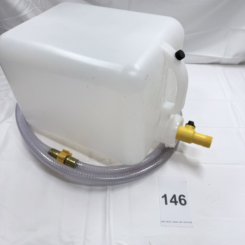 Lot 146: White Plastic Coolant Overflow Tank with Hose and Yellow Outlet Fitting