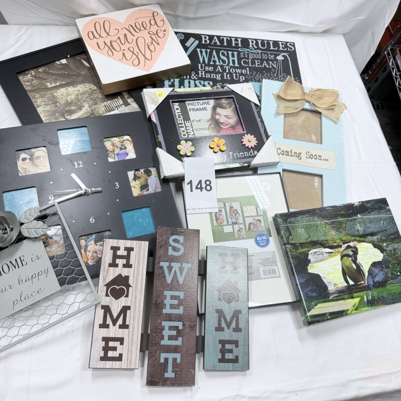 Lot 148: Assorted Home Decor Picture Frames Signs Clock "HOME" "SWEET HOME" Wall Art Lot