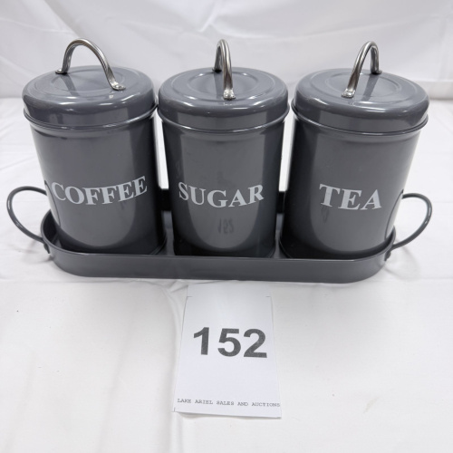 Lot 152: Gray Metal Coffee Tea Sugar Canister Set with Tray and Chrome Handles