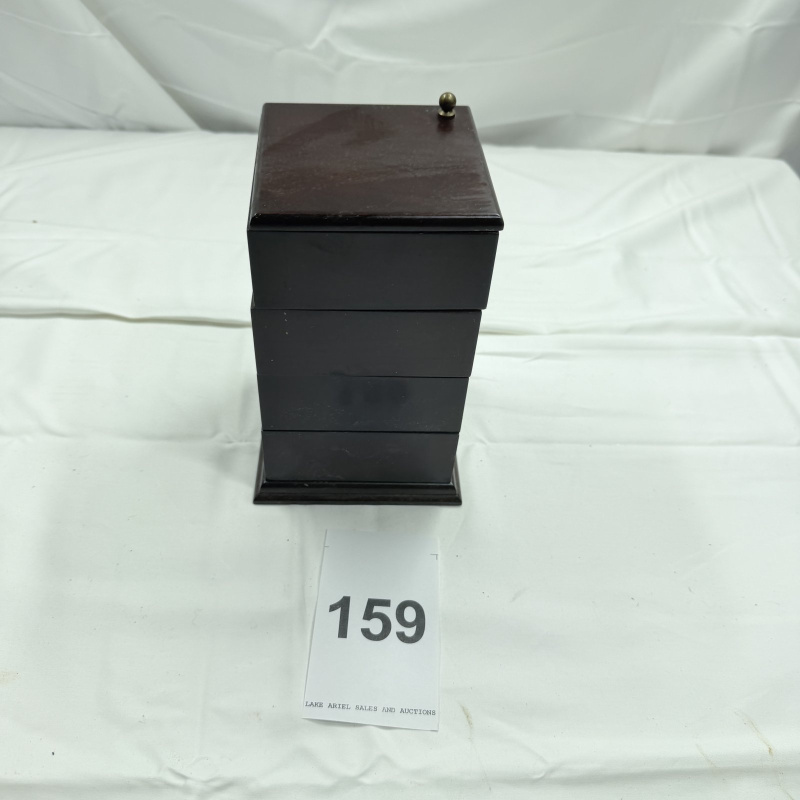 Lot 159: Dark Wood Rotating Jewelry Box with Red Velvet Interior - 3 Tiers