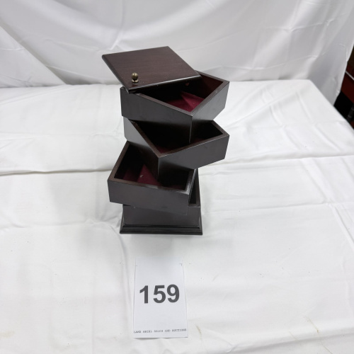 Lot 159: Dark Wood Rotating Jewelry Box with Red Velvet Interior - 3 Tiers