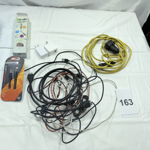 Lot 163: Assorted Cables, Chargers & Accessories - Selfie Stick, Aux Cables, USB Cables, Adapters