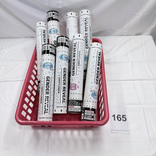 Lot 165: Gender Reveal Confetti Cannons - Basket of 8 Boy/Girl Party Poppers