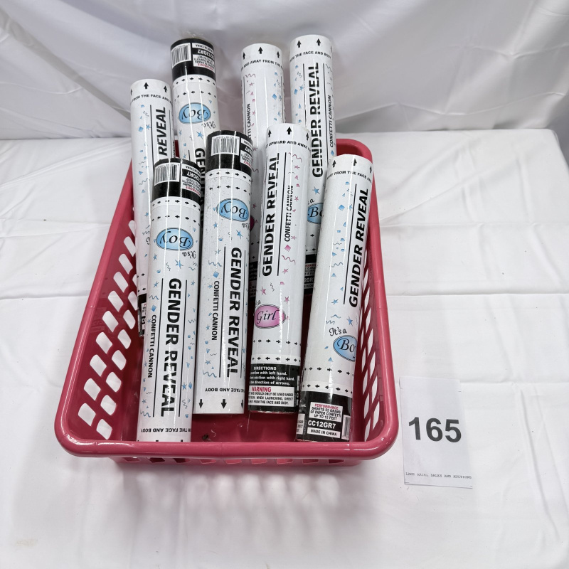 Lot 165: Gender Reveal Confetti Cannons - Basket of 8 Boy/Girl Party Poppers