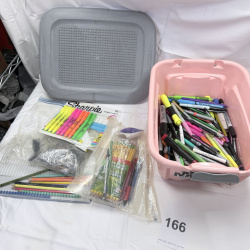 Lot 166: Pink Storage Bin with Sharpie Markers, Pens, and Writing Supplies