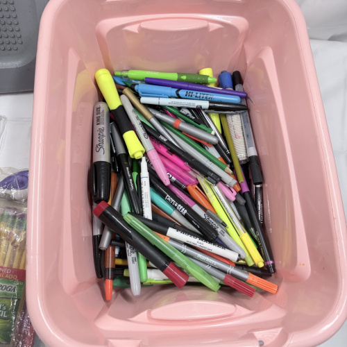 Lot 166: Pink Storage Bin with Sharpie Markers, Pens, and Writing Supplies