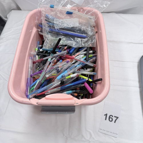 Lot 167: Pink Storage Bin with Assorted Pens and Markers Collection