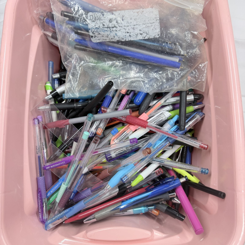 Lot 167: Pink Storage Bin with Assorted Pens and Markers Collection
