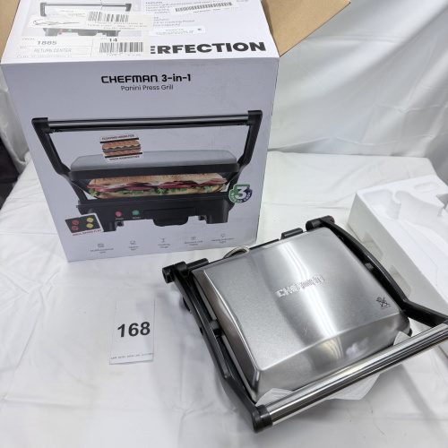 Lot 168: Chefman 3-in-1 Panini Press Grill, Silver/Black, with Box