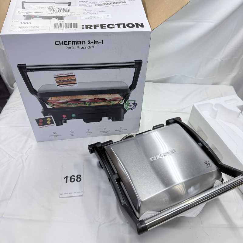 Lot 168: Chefman 3-in-1 Panini Press Grill, Silver/Black, with Box