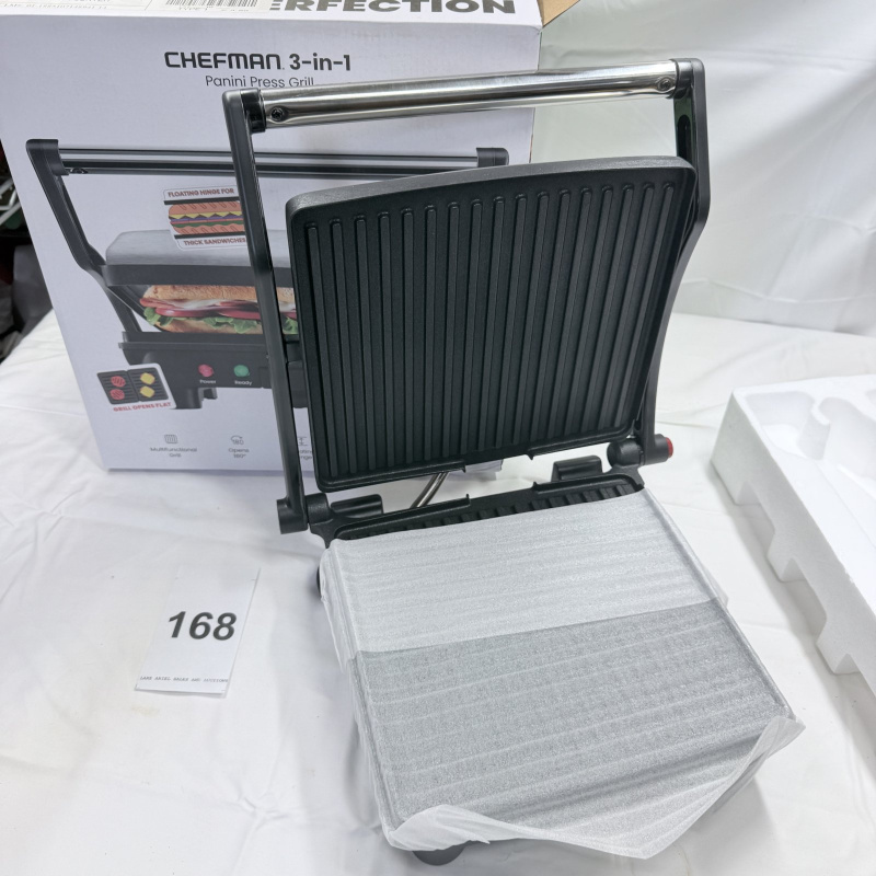 Lot 168: Chefman 3-in-1 Panini Press Grill, Silver/Black, with Box