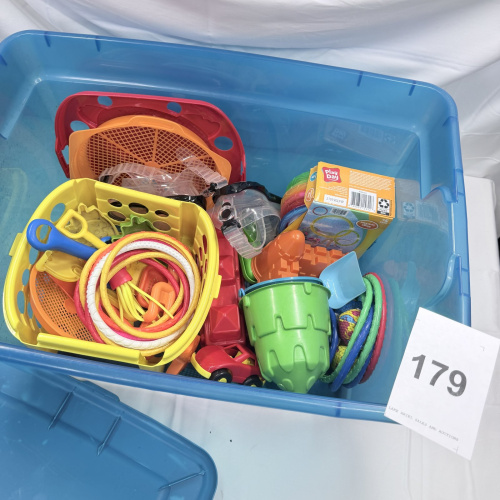 Lot 179: Blue Storage Bin with Assorted Children's Beach and Outdoor Toys