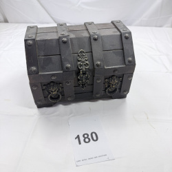 Lot 180: Vintage Wooden Jewelry Box with Metal Hardware and Red Velvet Interior