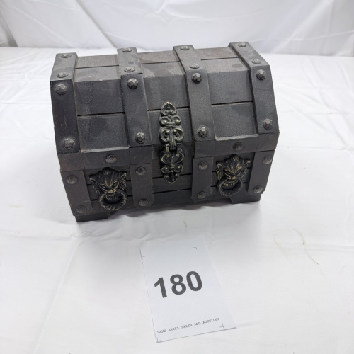 Lot 180: Vintage Wooden Jewelry Box with Metal Hardware and Red Velvet Interior