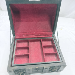 Lot 180: Vintage Wooden Jewelry Box with Metal Hardware and Red Velvet Interior