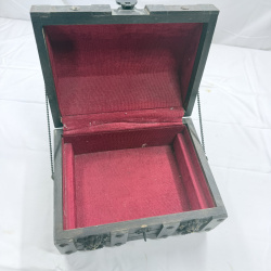 Lot 180: Vintage Wooden Jewelry Box with Metal Hardware and Red Velvet Interior