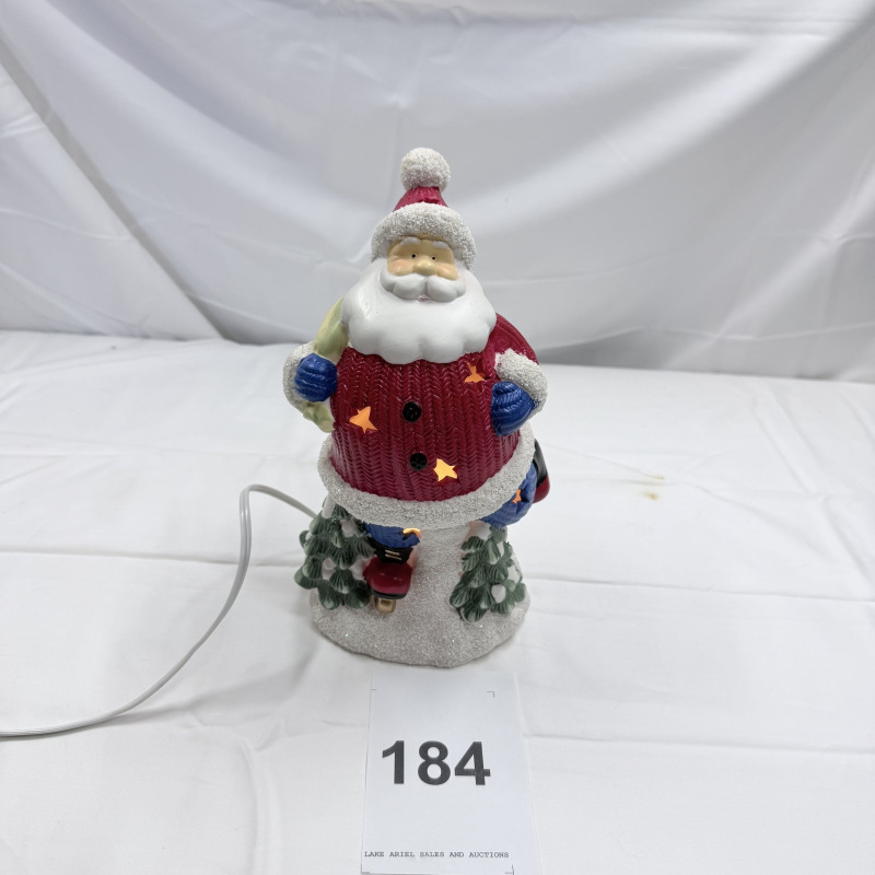 Lot 184: Light-Up Santa Claus Figurine with Red Coat and Stars, Ceramic Christmas Decor