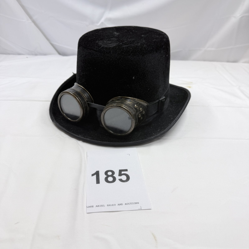 Lot 185: Black Velvet Top Hat with Steampunk Goggles