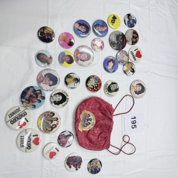 Lot 195: Vintage Menudo Fan Club Buttons Pins Collection & Red Satin Drawstring Bag 1980s