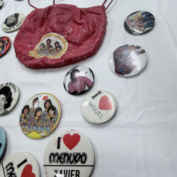 Lot 195: Vintage Menudo Fan Club Buttons Pins Collection & Red Satin Drawstring Bag 1980s