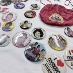Lot 195: Vintage Menudo Fan Club Buttons Pins Collection & Red Satin Drawstring Bag 1980s