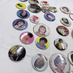 Lot 195: Vintage Menudo Fan Club Buttons Pins Collection & Red Satin Drawstring Bag 1980s