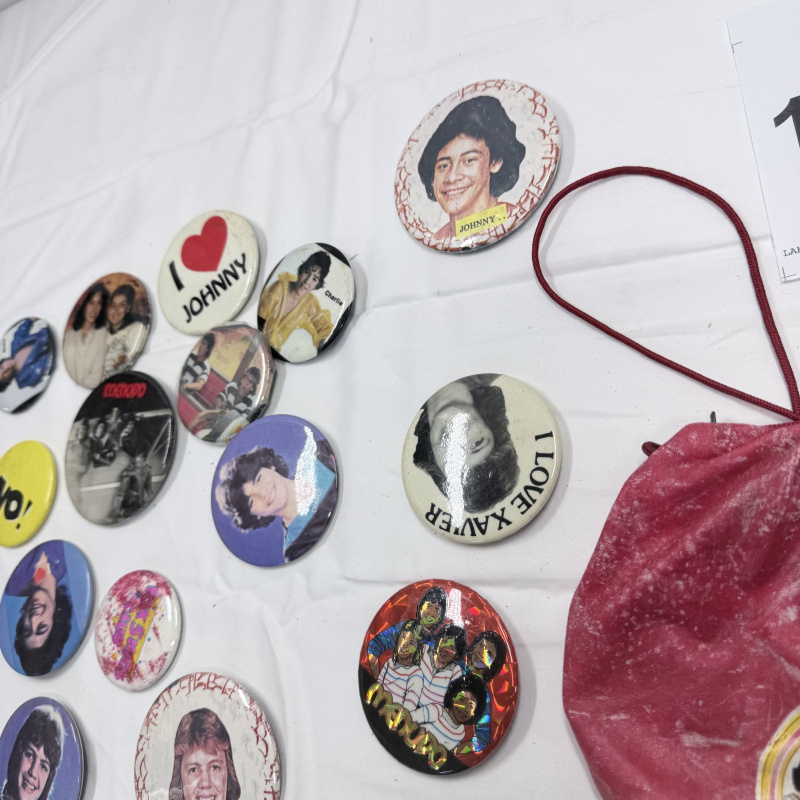 Lot 195: Vintage Menudo Fan Club Buttons Pins Collection & Red Satin Drawstring Bag 1980s