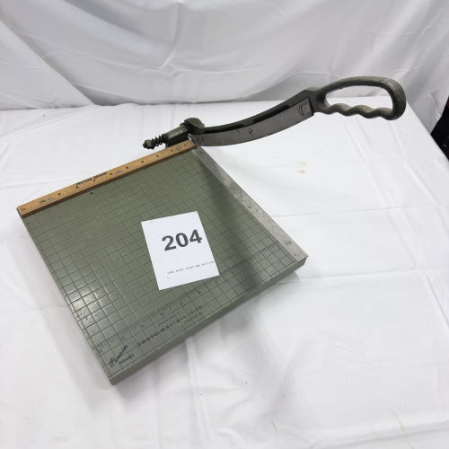 Lot 204: Vintage Metal Paper Cutter Trimmer with Grid Base and Wooden Ruler Edge